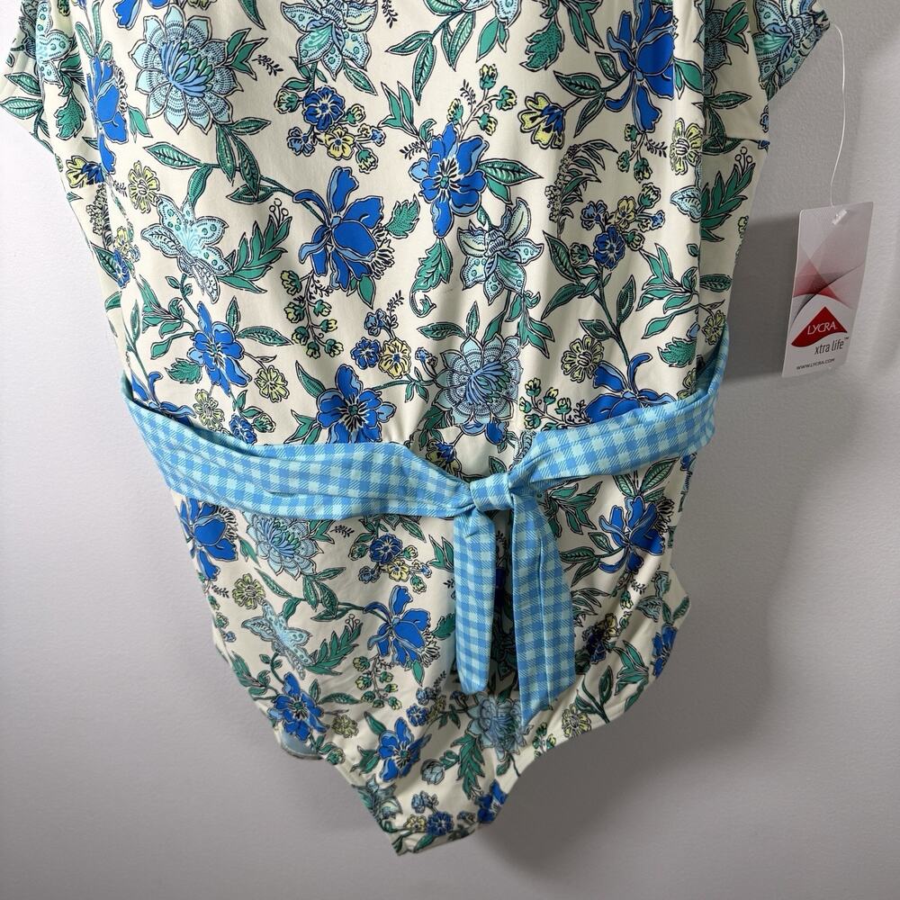 Lands End Belted High Neck Blue Floral One Piece Swimsuit Preppy Womens Plus 26W - Picture 3 of 7